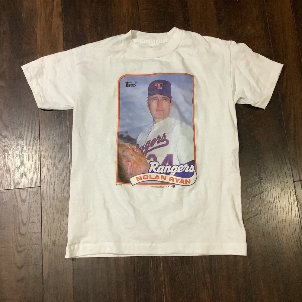 Vintage 1989 Topps Nolan Ryan Texas Rangers White Graphic T-Shirt Kids Large L